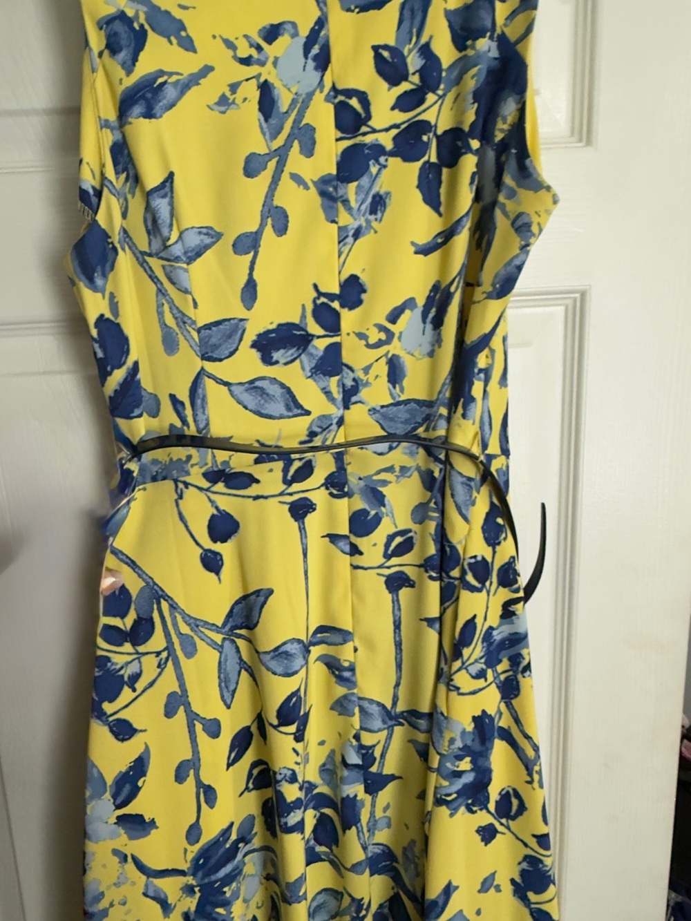 Signature Yellow Dress with Blue Floral Pattern and Belt - Picture 2 of 7